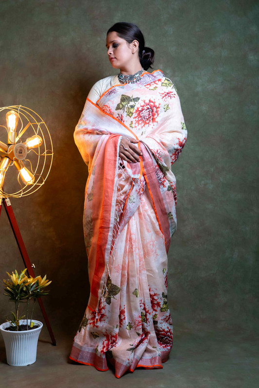 Linen Digital Printed Multicolour Ethnic Saree With Blouse
