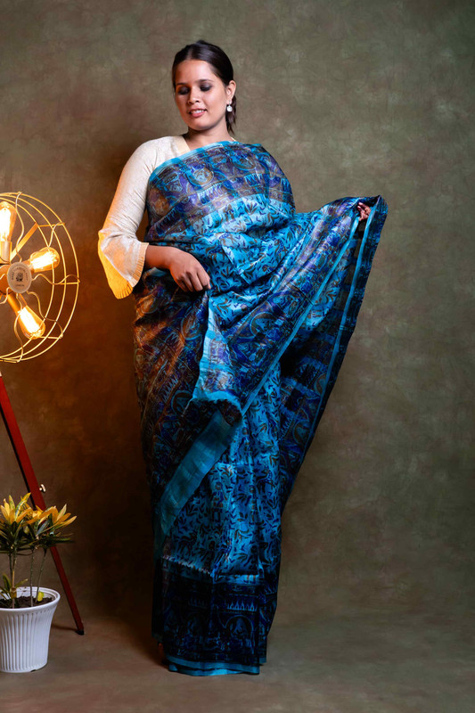 Tussar Silk Printed Blue  Ethnic Saree With Blouse
