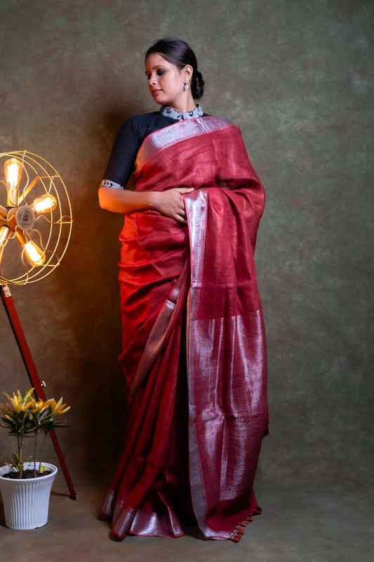 Linen  Cherry Red Ethnic Saree With Blouse