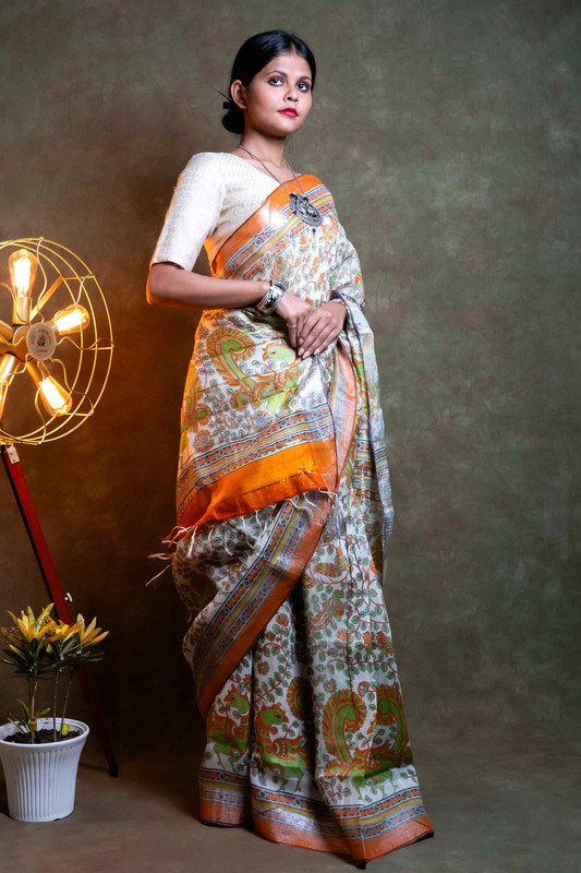 Silk Linen Printed Multicolour Ethnic Saree With Blouse