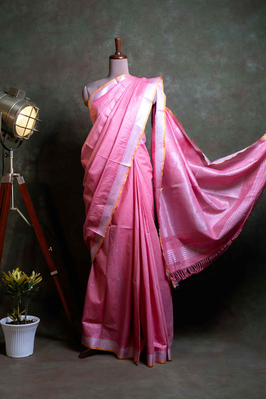 Khadi Cotton Baby Pink Ethnic Saree With Blouse