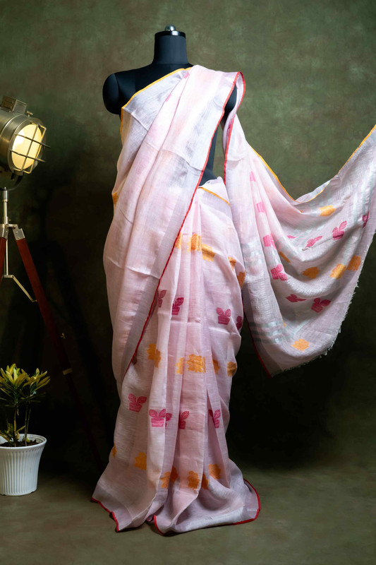 Linen Jacquard Light Pink Ethnic Saree With Blouse