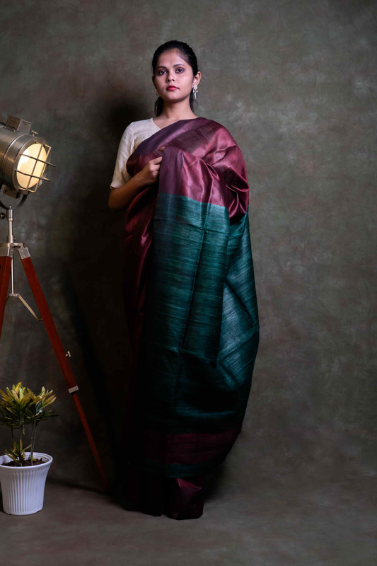 Tussar Staple Wine Ethnic Saree With Blouse