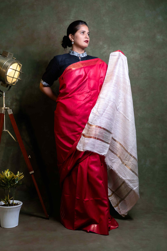 Tussar Staple Red  Ethnic Saree With Blouse