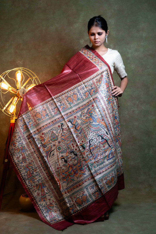 Ghicha Silk Madhubani Hand Painting Maroon Ethnic Saree With Blouse