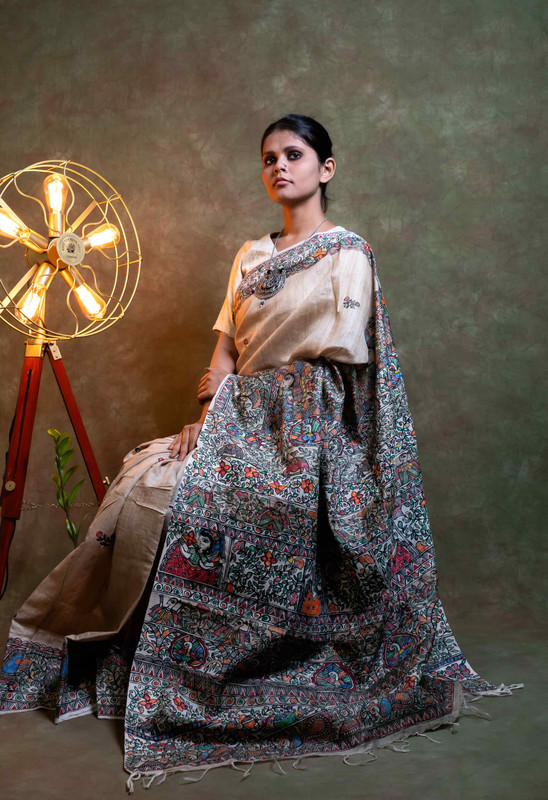 Desi Tussar Madhubani Hand Painting Natural Ethnic Saree With Blouse