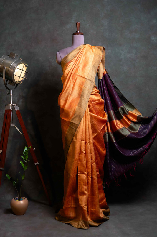 Raw Silk Orange Ethnic Saree With Blouse