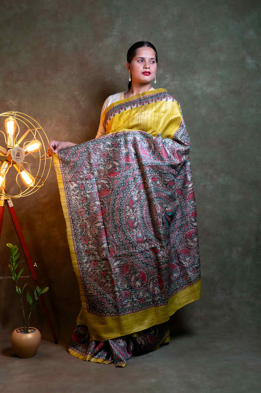 Ghicha Silk Madhubani Hand Painting Yellow Ethnic Saree With Blouse