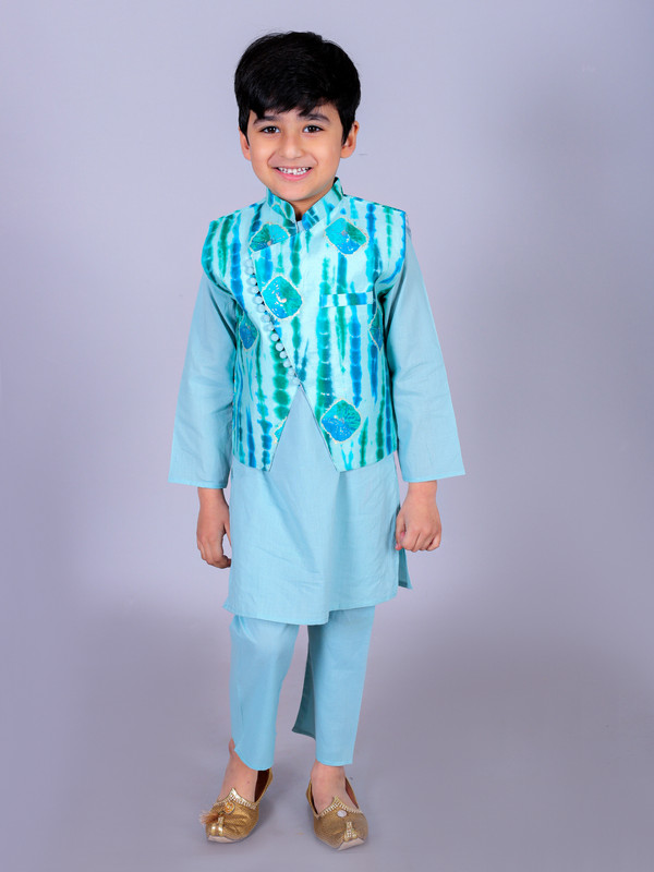 Sea Green Cotton Blend Straight Kurta, Waistcoat & Pyjama Set