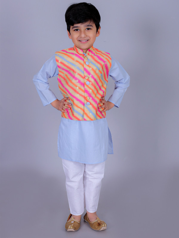 Sky Blue Cotton Blend Straight Kurta, Waistcoat & Pyjama Set