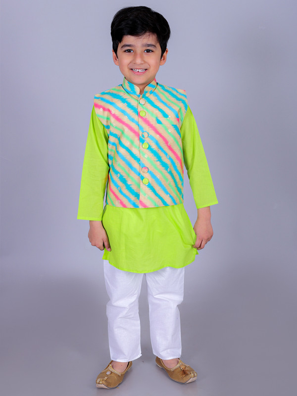 Parrot Green Cotton Blend Straight Kurta, Waistcoat & Pyjama Set