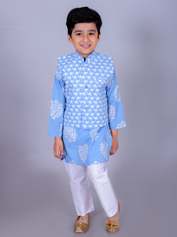Sky Blue Cotton Blend Straight Kurta, Waistcoat & Pyjama Set
