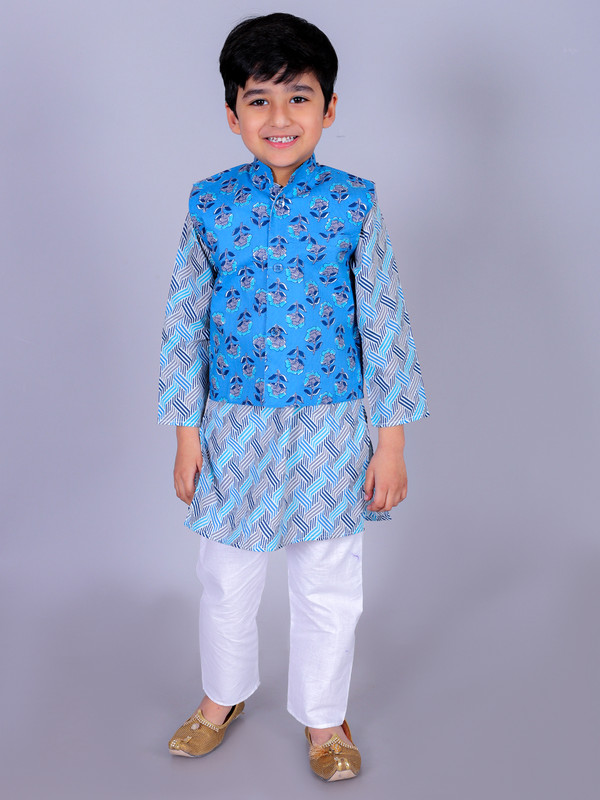 Blue Cotton Blend Straight Kurta, Waistcoat & Pyjama Set