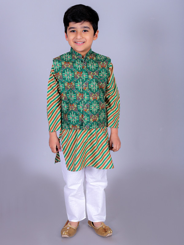 Rama Green Cotton Blend Straight Kurta, Waistcoat & Pyjama Set