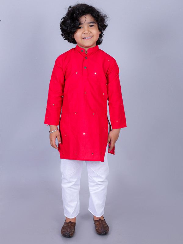 Red Pure Cotton Straight Kurta & Pyjama Set