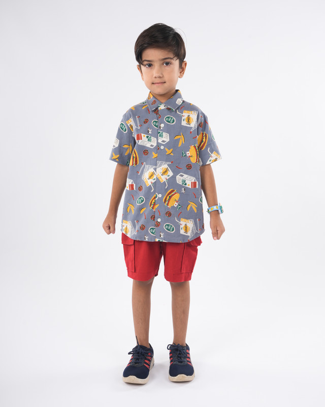 Grey Cotton Flex Straight Shirt & Short Pant Set