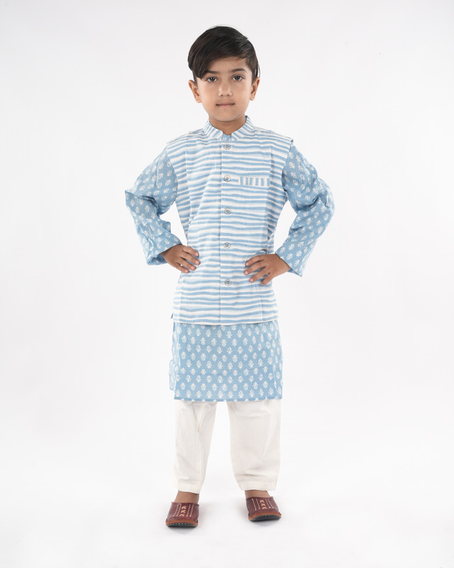 Sky Blue Pure Cotton Straight Kurta, Waistcoat & Pyjama Set