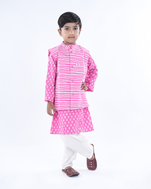 Pink Pure Cotton Straight Kurta, Waistcoat & Pyjama Set