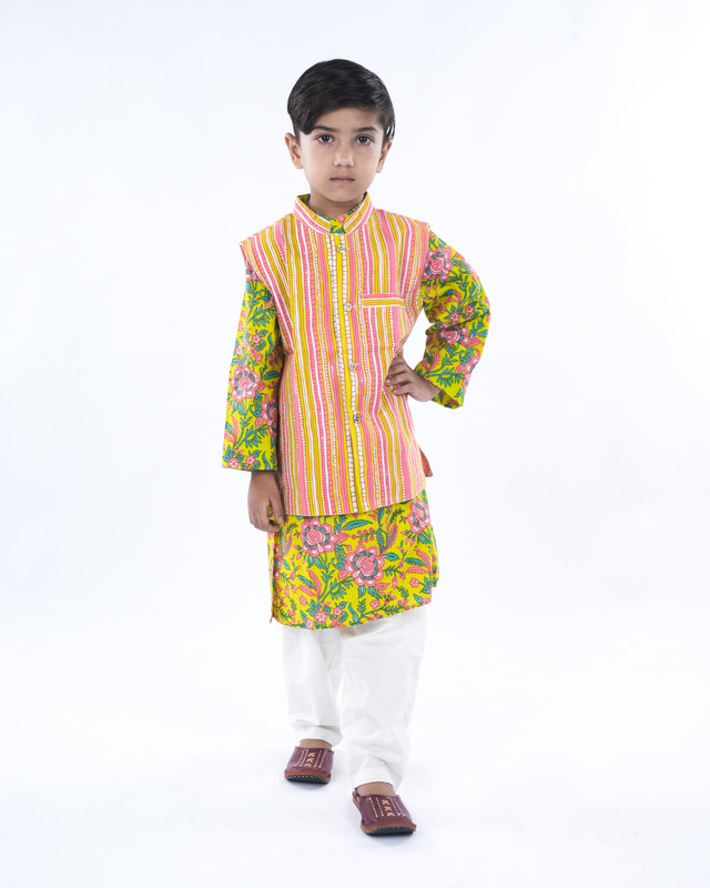 Parrot Green Pure Cotton Straight Kurta, Waistcoat & Pyjama Set