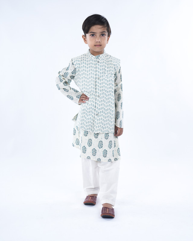 Off White Pure Cotton Straight Kurta, Waistcoat & Pyjama Set