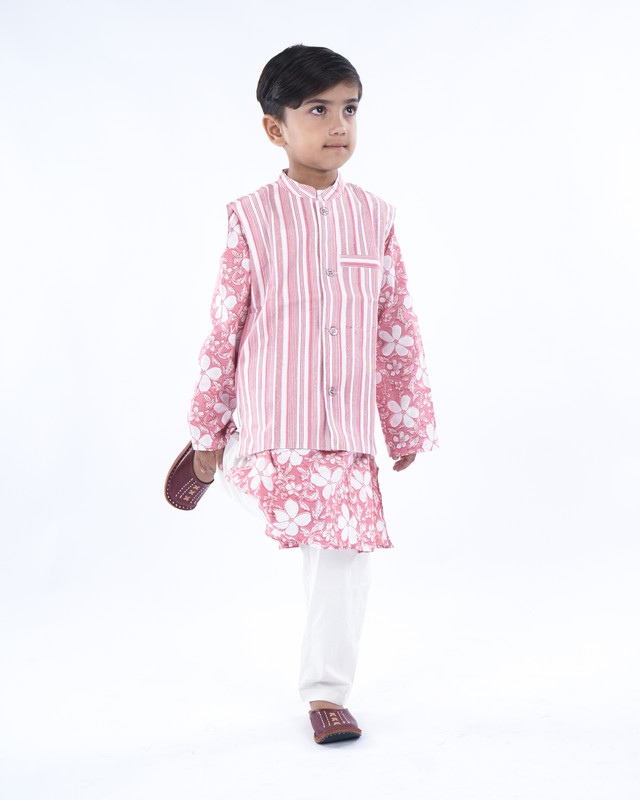Baby Pink Pure Cotton Straight Kurta, Waistcoat & Pyjama Set
