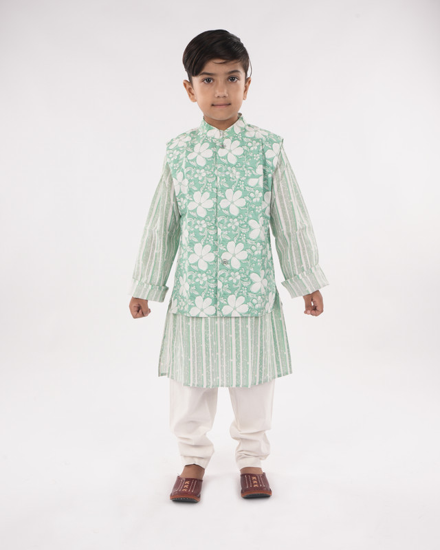 Sea Green Pure Cotton Straight Kurta, Waistcoat & Pyjama Set