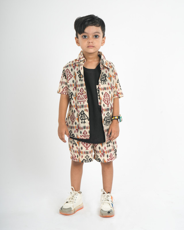 Beige Pure Cotton Straight Shirt, T-Shirt & Short Pant Set