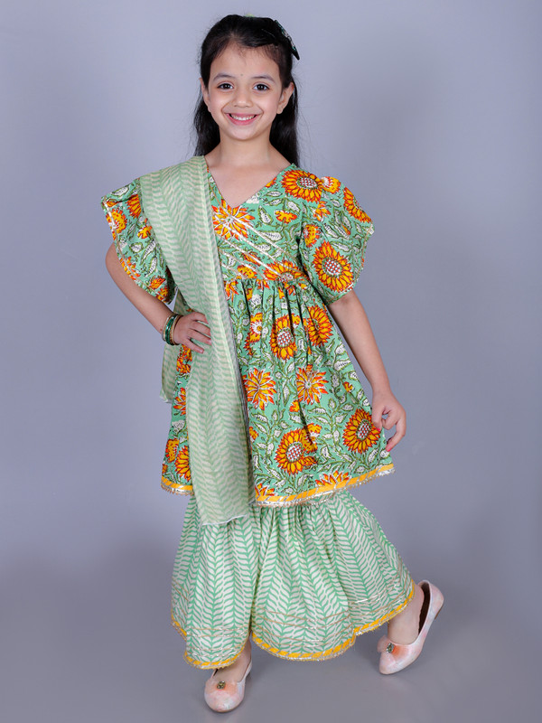Green Cotton Blend Anarkali/Flared Kurta, Sharara & Dupatta Set