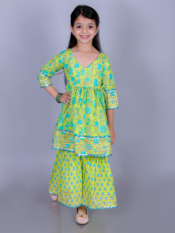 Lime Green Cotton Blend Anarkali/Flared Kurta & Sharara Set
