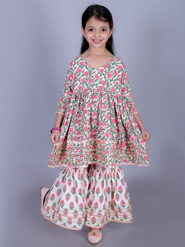 Multicolor Cotton Blend Anarkali/Flared Kurta & Sharara Set