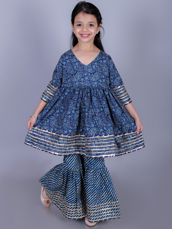 Navy Blue Cotton Blend Anarkali/Flared Kurta & Sharara Set