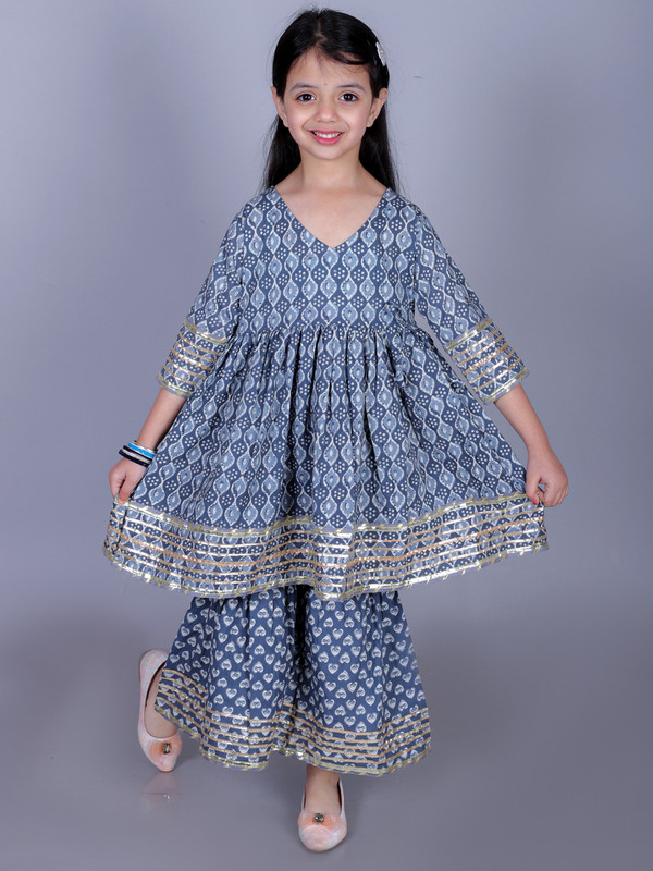 Grey Cotton Blend Anarkali/Flared Kurta & Sharara Set