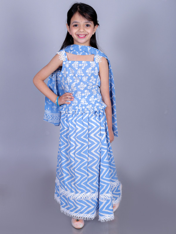 Sky Blue Pure Cotton Straight Lehanga, Choli & Dupatta Set