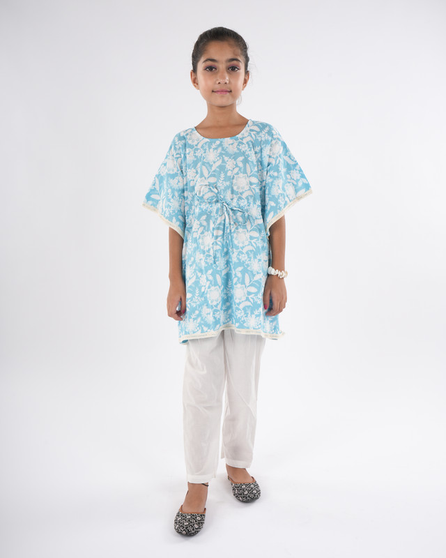 Sky Blue Pure Cotton Straight Kaftan & Pant Set