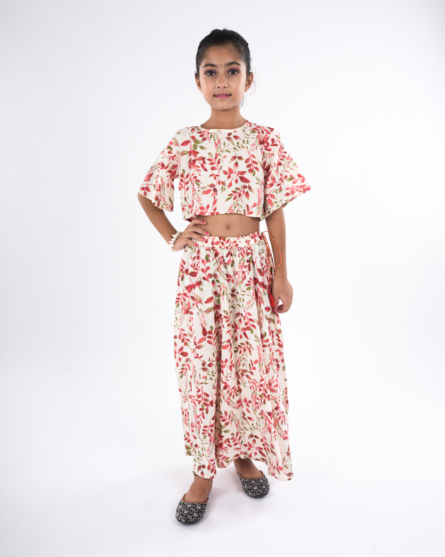 Off White Rayon Straight Crop Top & Skirt Set