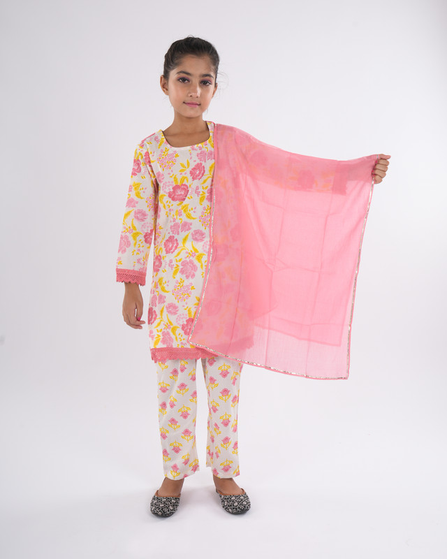 Peach Pure Cotton Straight Kurta, Pant & Dupatta Set