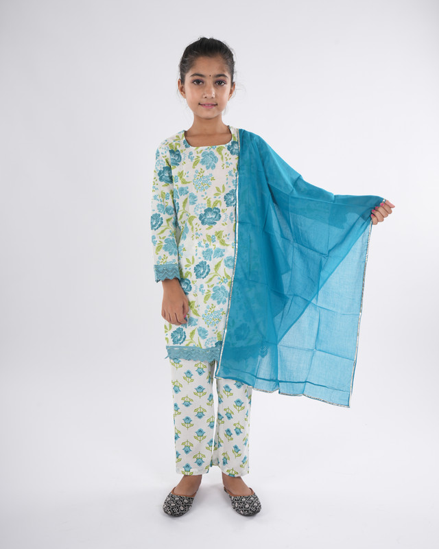 Teal Pure Cotton Straight Kurta, Pant & Dupatta Set