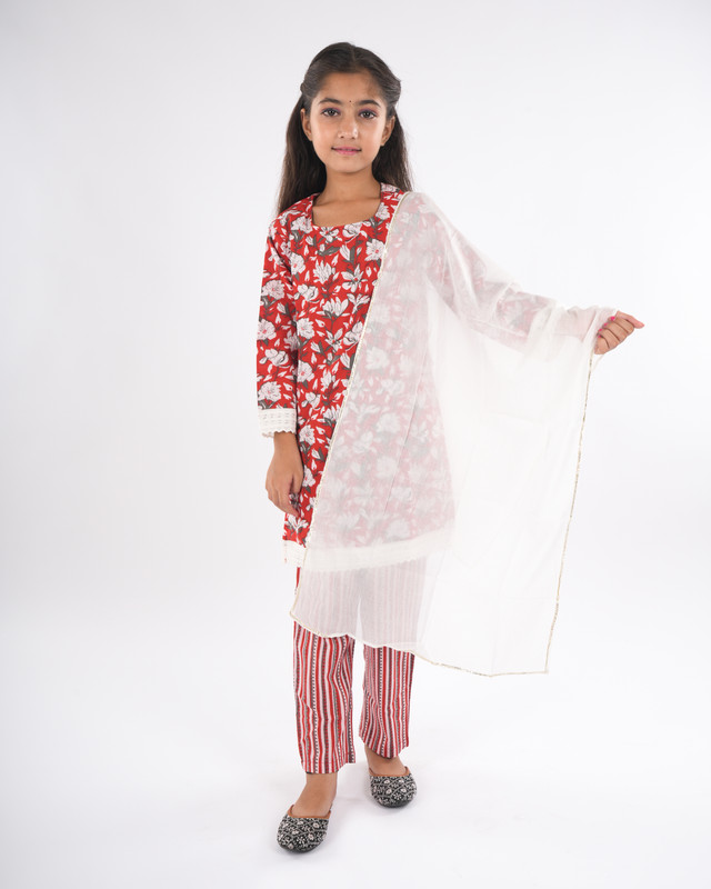 Red Pure Cotton Straight Kurta, Pant & Dupatta Set
