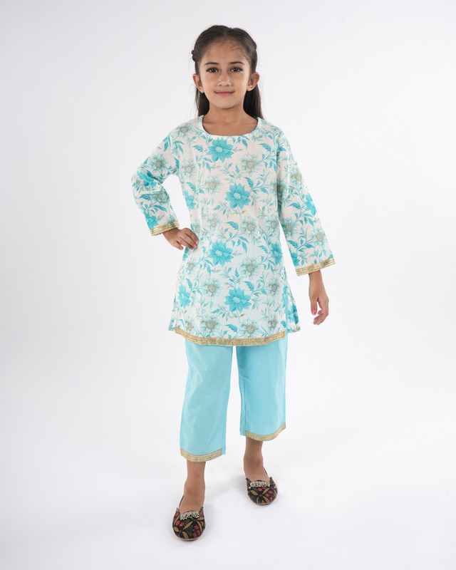 Turquoise Pure Cotton Straight Kurta & Pant Set