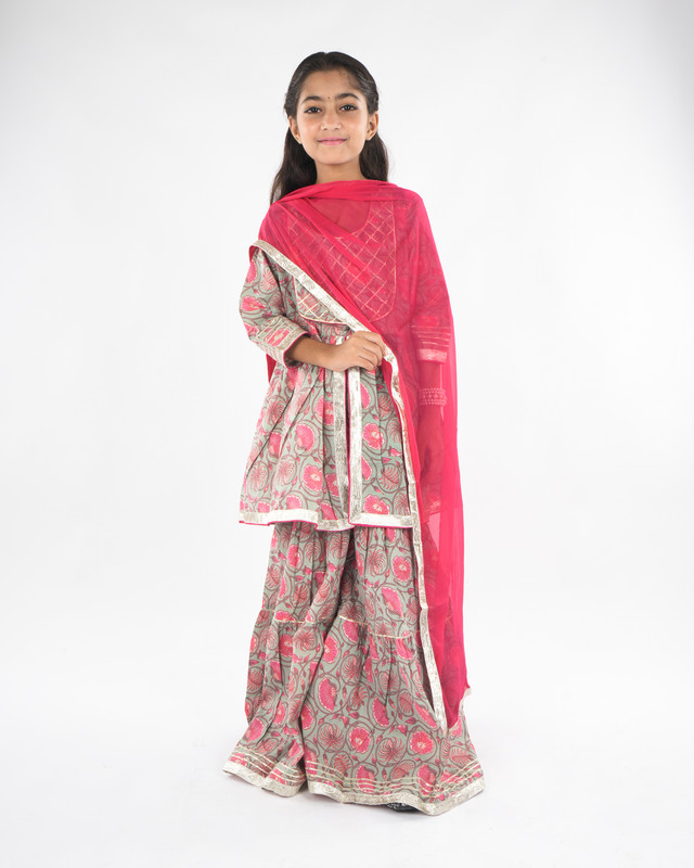 Basil Green  Pure Cotton Anarkali/Flared Kurta, Sharara & Dupatta Set