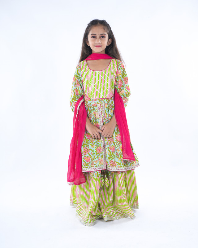 Pastel Green Pure Cotton Anarkali/Flared Kurta, Sharara & Dupatta Set