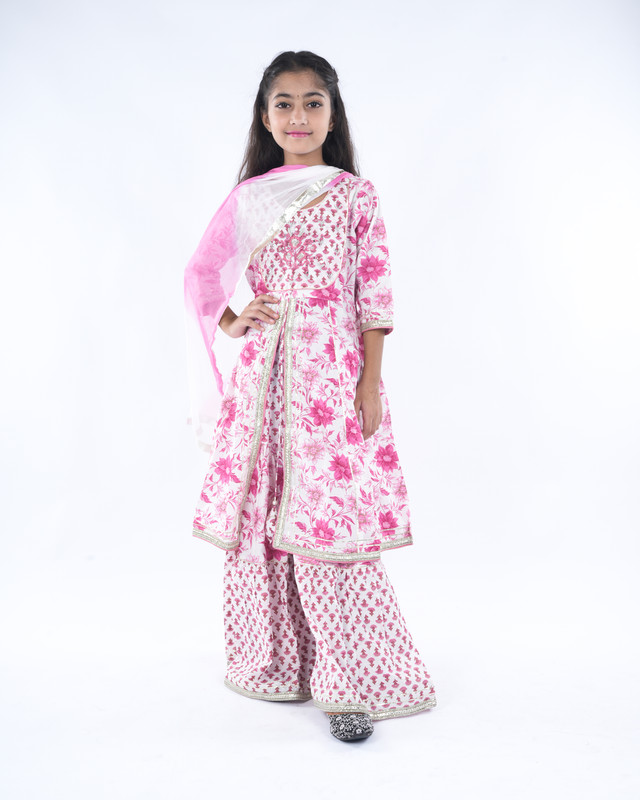 Pink Pure Cotton Anarkali/Flared Kurta, Sharara & Dupatta Set