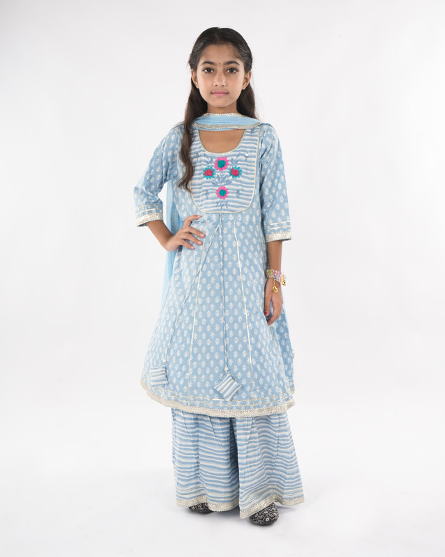 Sky Blue Pure Cotton A-Line Kurta, Sharara & Dupatta Set