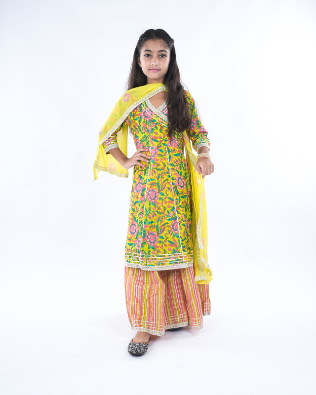 Parrot Green Pure Cotton Anarkali/Flared Kurta, Sharara & Dupatta Set