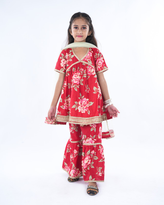 Red Cotton Flex Anarkali/Flared Kurta, Sharara & Dupatta Set