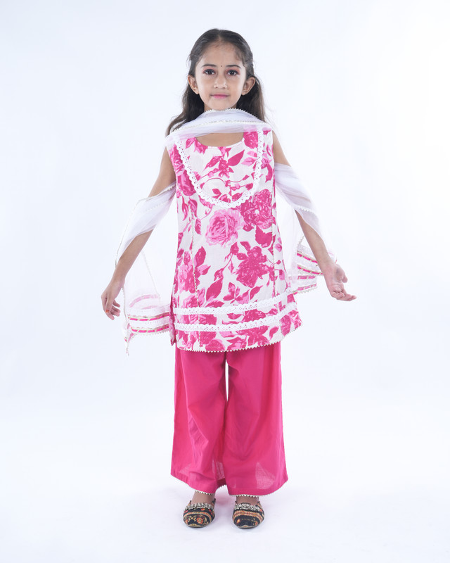 Pink Pure Cotton Straight Kurta, Palazzo & Dupatta Set