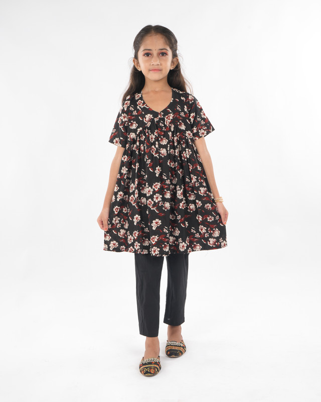 Black Pure Cotton Anarkali/Flared Kurta & Pant Set
