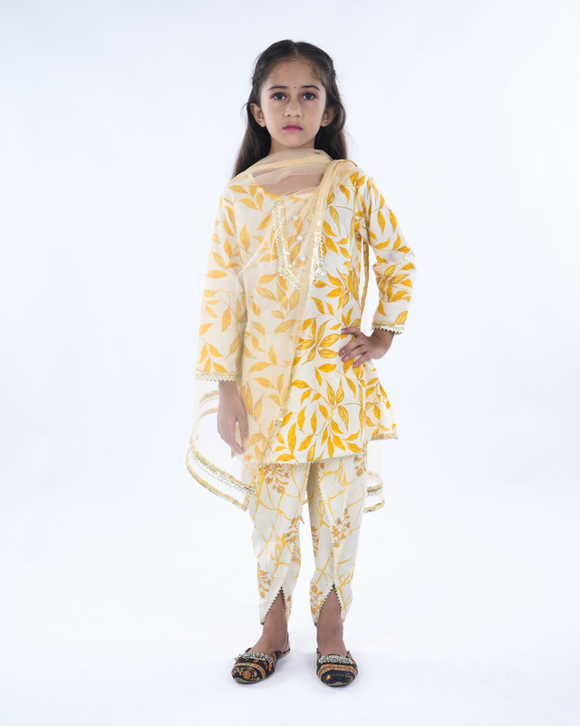 Beige Pure Cotton Straight Kurta, Dhoti Pant & Dupatta Set