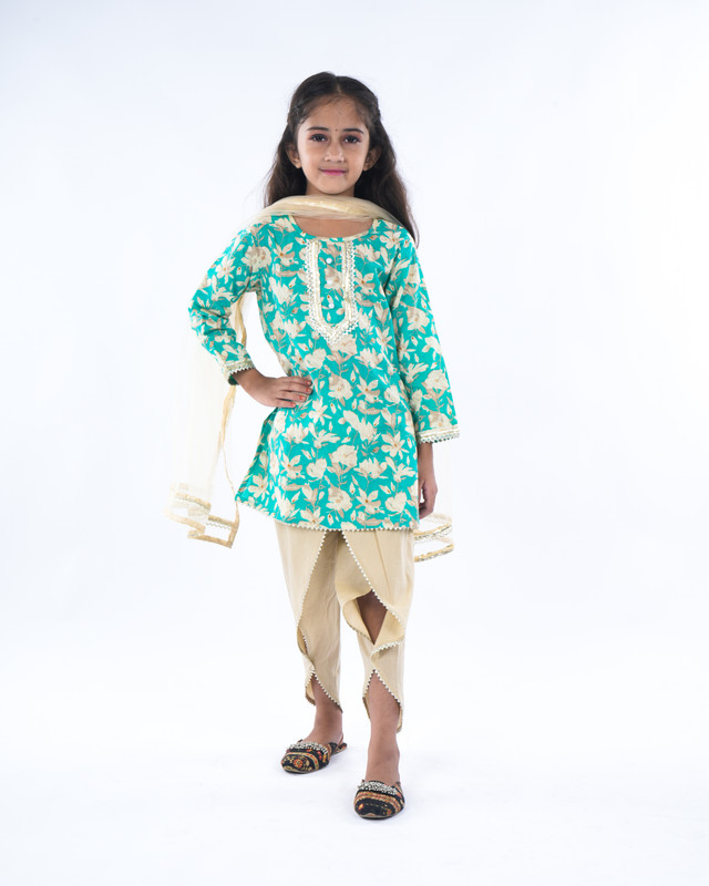 Turquoise Pure Cotton Straight Kurta, Dhoti Pant & Dupatta Set