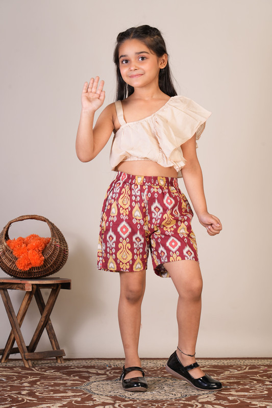 Beige Pure Cotton Straight Crop Top & Short Pant